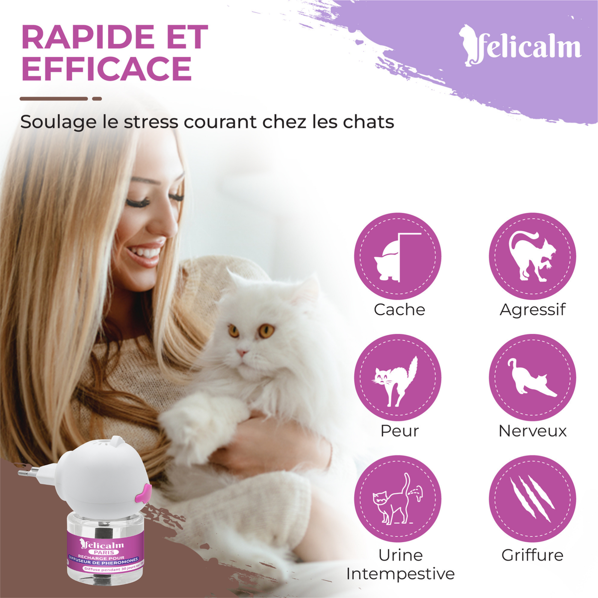 Pack Felicalm – 1 Diffuseur + 3 recharges de phéromones pour chats – 3 mois de diffusion apaisante