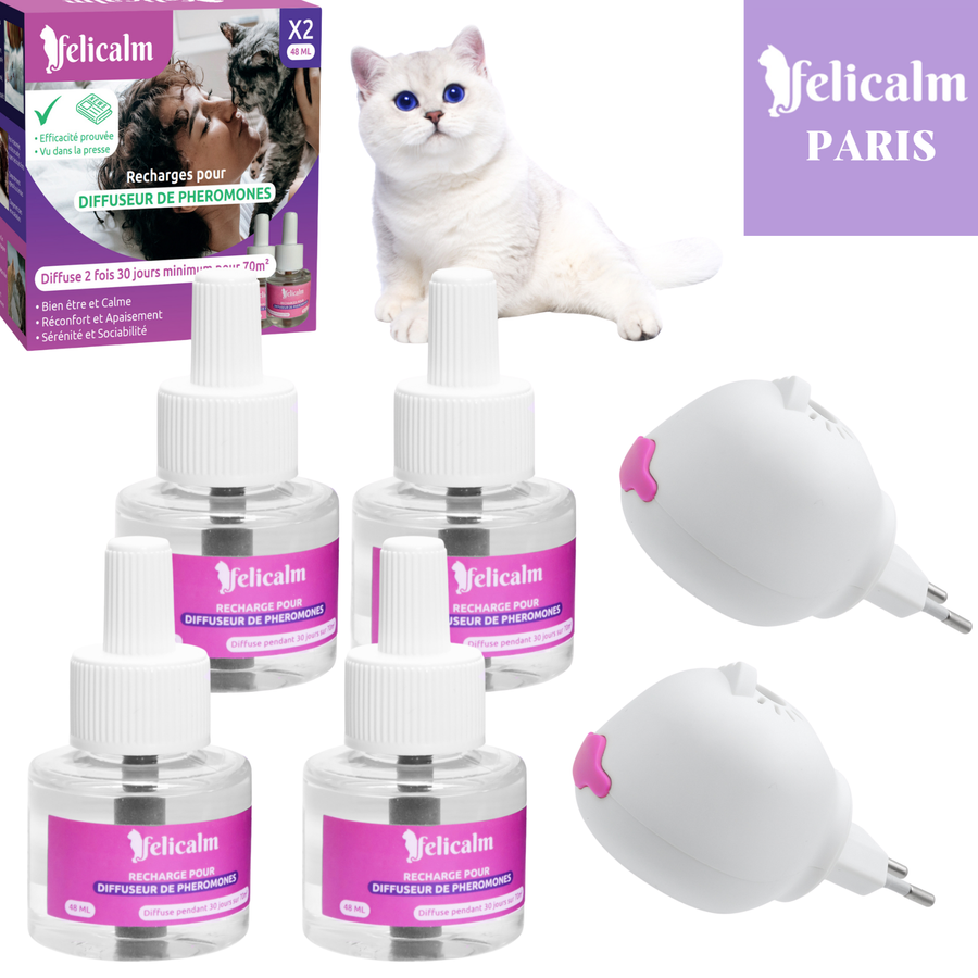 Meilleure Vente - 4 recharges phéromones + 2 diffuseurs | Chat apaisé-Felicalm®
