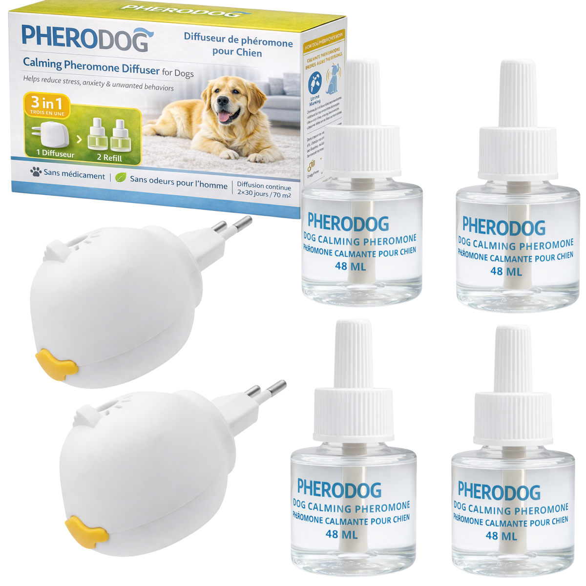 PheroDog  Phéromones Chien  1 Diffuseur et  2 Recharges apaisant pour chien  – Felicalm Paris