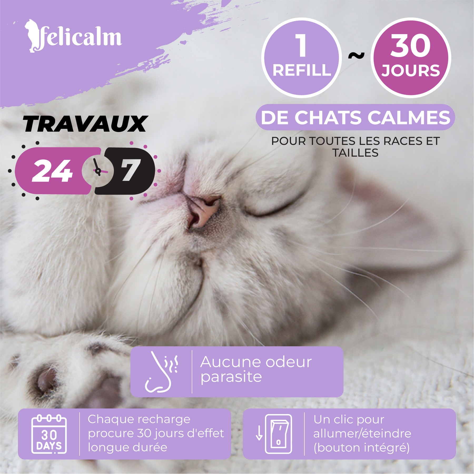 les recharges  de phéromone féline sont efficace pendant 30 jours pour 70 m2  sans odeur parasite